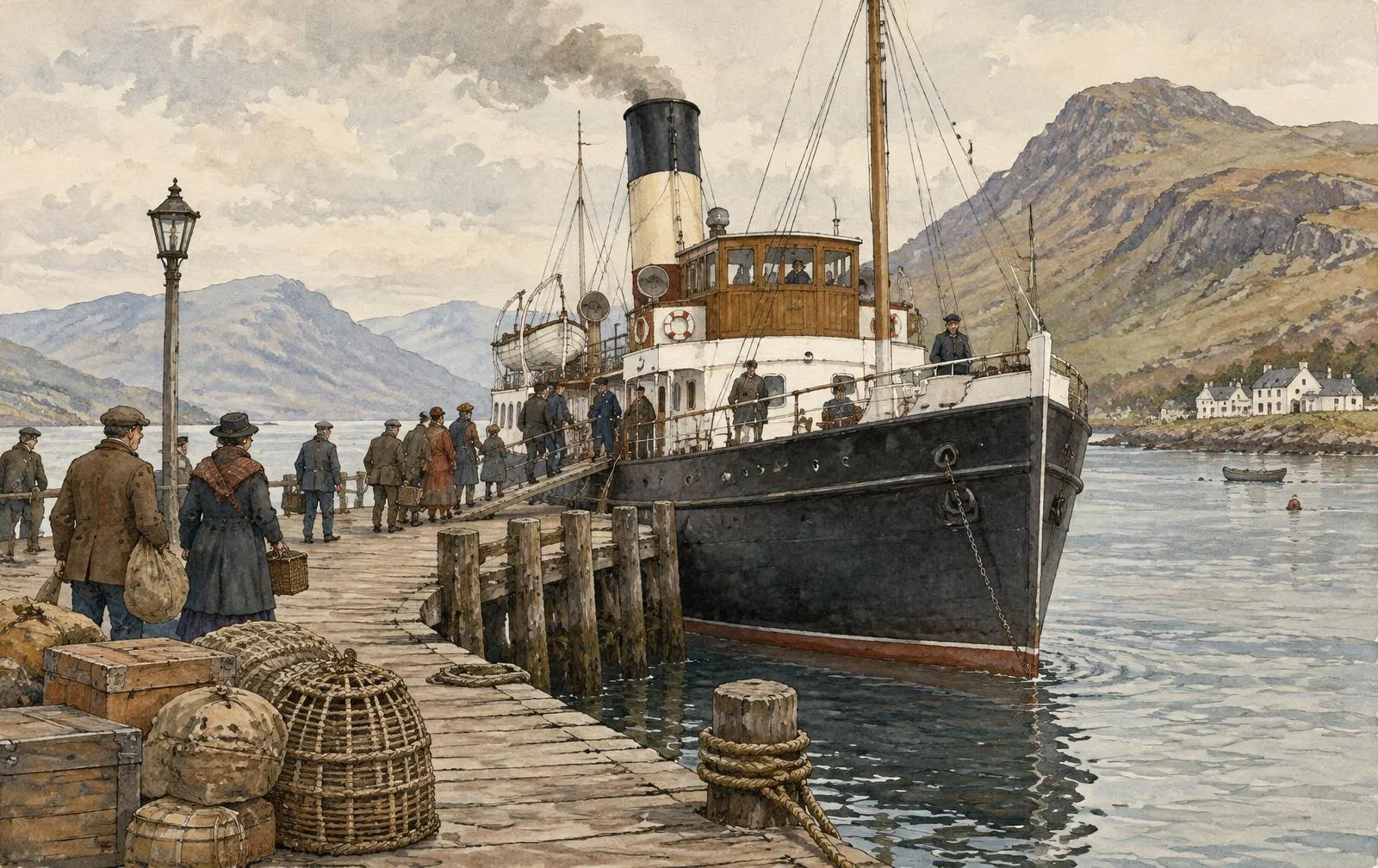 Watercolour-style illustration of an early twentieth-century West Highland steamer at a wooden pier with passengers, creels and cargo