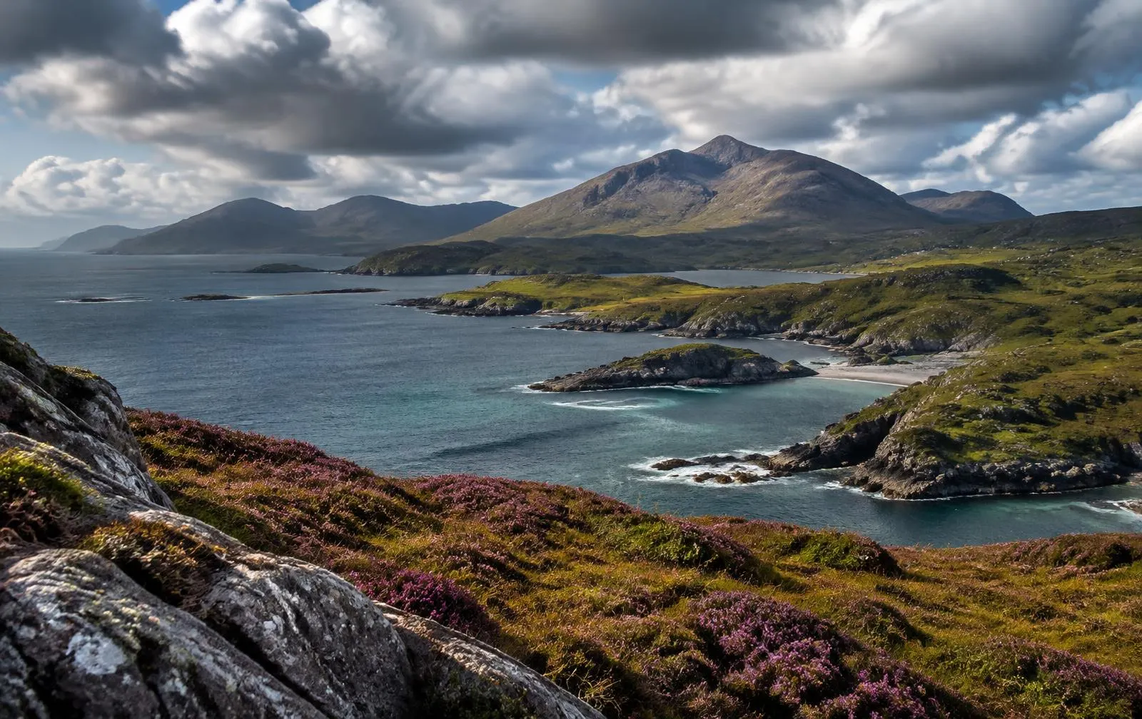 Mountainous Hebridean coastline with heather in the foreground