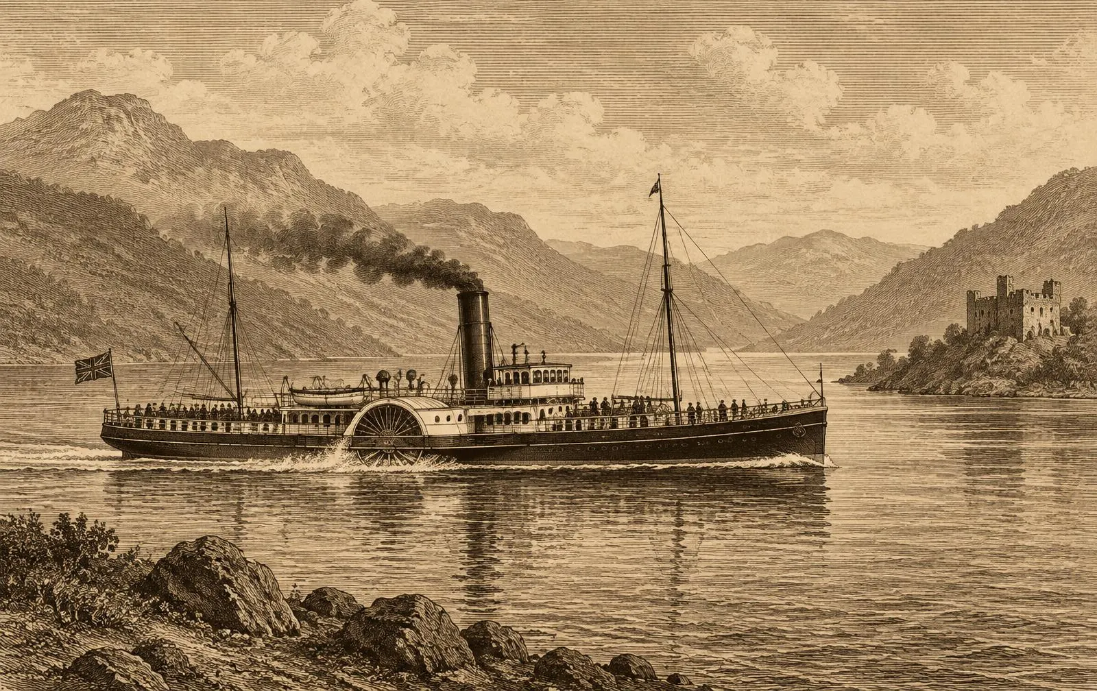 Engraving-style illustration of a paddle steamer on a Scottish sea loch